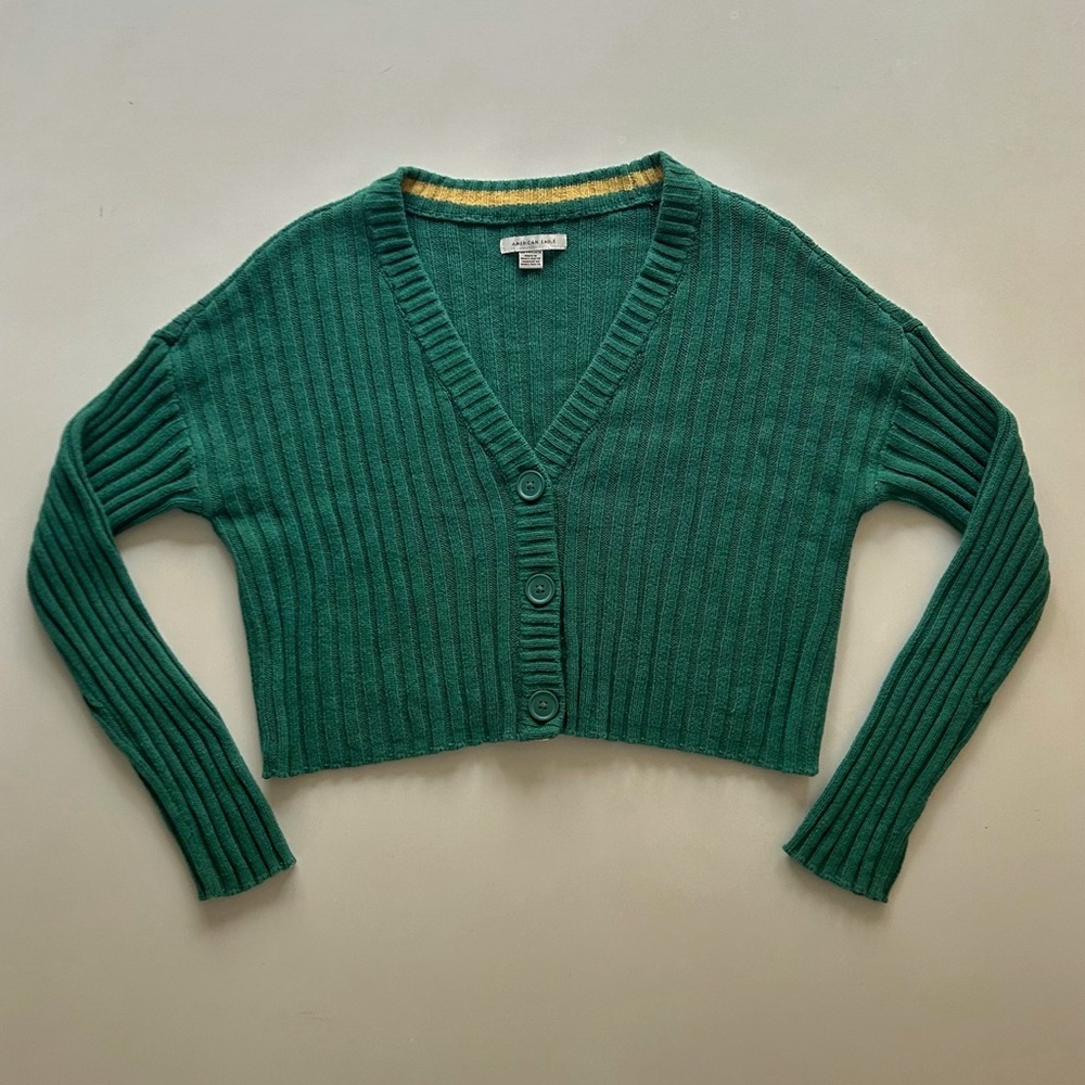 American Eagle Emerald Ribbed Cropped Cardigan V-Neck Button Front Size XS